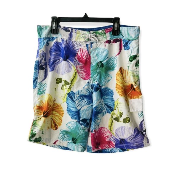 Men's Swim Trunks Hibiscus Floral and Skulls Board Shorts Pockets Mesh Lined 38 - Picture 2 of 6